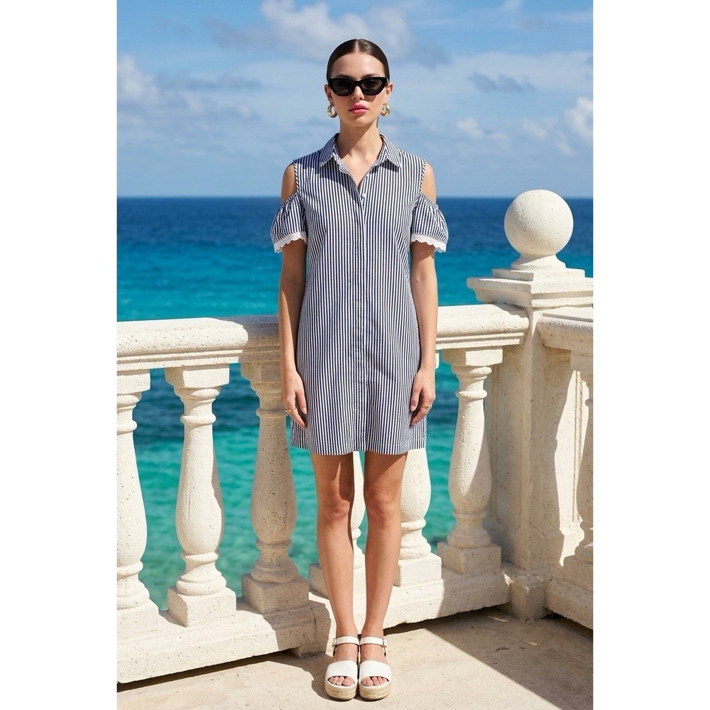 Holy‎ Caftan Cold Shoulder Shirt Dress White/Blue Striped Buttons